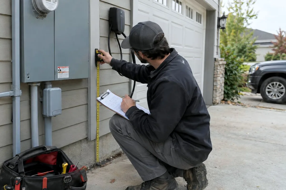 Electrician crouched beside an outdoor electrical panel, measuring the wall and writing on a clipboard