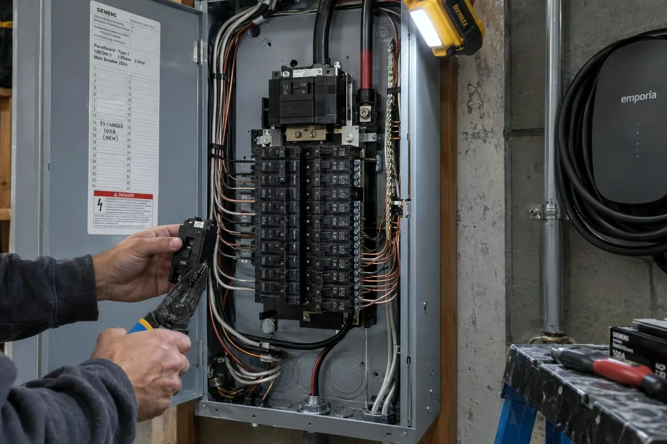 Electrician stripping a wire beside an open breaker panel lit by a work light